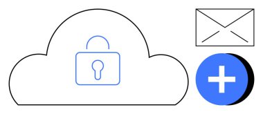 Bulut güvenlik kavramı. Kilit korumalı bulut hesaplama, artı e-posta ve iletişim ve genişleme sembolleri ekle. Bulut güvenliği veri yönetimi ve mahremiyeti destekler