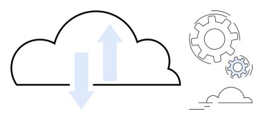 Bulut depolama, veri senkronizasyonu, teknoloji hizmetleri, sistem entegrasyonu, bulut çözümleri, teknik destek. Okları ve vites simgeleri olan bulutlar. Bulut depolama ve veri eşzamanlama kavramları