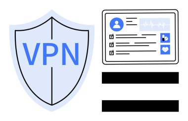 Sağlık veri arayüzü, profil, kalp ikonu ve istatistiklerle birlikte VPN etiketli bir kalkan. Güvenlik, gizlilik, çevrimiçi koruma, sağlık, teknoloji veri şifreleme için ideal. Basit.