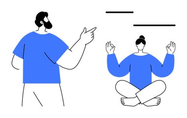 Meditasyon, farkındalık, rehberlik, kişisel gelişim, sağlık, takım çalışması. Bacak bacak üstüne atmış meditasyon yapan bir kadın ve ona el kol hareketi yapan bir adam. Meditasyon ve farkındalık kavramsal tasarım