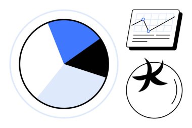 Renkli pasta grafiği, şebekeye çizilmiş verilerle çizilmiş çizgi grafiği ve soyut dairesel tasarım. Analiz, karar verme, iş planlaması, değerlendirme, strateji, yaratıcılık için ideal düz metafor