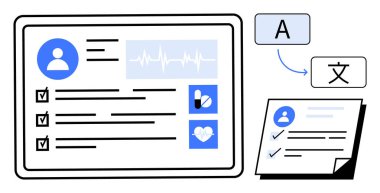 Kullanıcı profilli dijital sağlık paneli, yaşam belirtileri, kontrol listesi, çeviri, ilaç ve kalp sağlığı ikonları. Sağlık, teknoloji, hasta kayıtları çeviri veri yönetimi için ideal