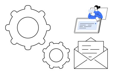 Çalışma akışı konsepti. Çalışma akışı, işlem otomasyonu için vites simgeleri, kullanıcı görevleri için dijital aygıt ve iletişim yönetimi için bir zarf entegre eder. Üretkenlik, otomasyon ve e-posta için kullanışlı