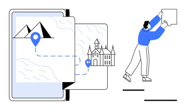 Mobil navigasyon konsepti. Navigasyonda işaretler, haritalar ve izleme yolları var. Navigasyon araçları seyahat, konum doğruluğu ve kullanıcı etkileşimini geliştirir. Seyahat uygulamaları, harita keşifleri için