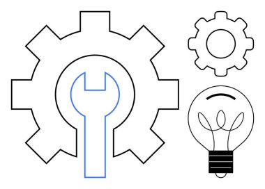 Yenilik, teknik destek, mühendislik, yaratıcı çözümler, endüstriyel tasarım, fikir geliştirme. Minimalist tasarımda vites, anahtar ve ampul. Yenilik ve teknik destek kavramı