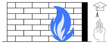 Güvenlik duvarı koruması. Tuğla duvar ve alev dijital güvenlik. Eğitim ve entellektüel gelişim. Mezuniyet şapkası ve insan zihin yapısı. Siber güvenlik, öğrenme, büyüme için