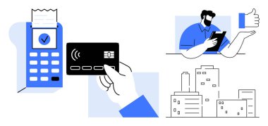 Dijital ödeme, çevrimiçi işlemler, e-ticaret, finansal teknoloji, iş onayı, bağlantısız yöntemler. Terminal, NFC kartlı adam elinde tablet makbuzu tutuyor. Dijital ödeme ve İnternet