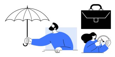 Business protection, financial security, insurance, risk management, safety solutions, work-life balance. A man holds an umbrella, a business briefcase and a female figure steer. Business protection