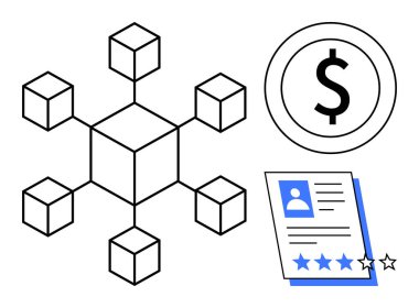 Bağlı küpler ağı, dolar simgesi ve yıldız reytingli belgeyi gözden geçir. Engelleme zinciri, finans, yenilik, ademi merkeziyetçi sistemler, dijital kimlik ve teknolojiyi incelemek için idealdir. Basit.