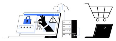 Siber güvenlik, veri koruması, online alışveriş, e-ticaret, kimlik doğrulama, dijital güvenlik. Dizüstü bilgisayar kilit, anahtar ve uyarı sembolleri gösteriyor. Siber güvenlik ve veri koruma kavramı