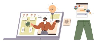 Adam dizüstü bilgisayarda yaratıcılığı, sohbet baloncuklarını ve sezgileri sembolize eden bir ampulle fikirleri sunuyor. Takım çalışması, eğitim, yenilik, strateji, çevrimiçi öğrenme, yaratıcılık için ideal