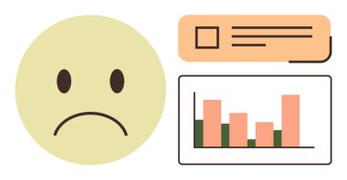 Aşağı yönlü ilerleme çubukları ve konuşma baloncuğu simgesi olan kaş çatık bir yüz çizelgesi. Geri bildirim, performans değerlendirmesi, kullanıcı deneyimi, müşteri memnuniyetsizliği, değerlendirme, analiz, basit