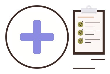 Mor tıbbi artı işareti bir listede kontrol işaretleri olan bir panoyla eşleştirilmiş. Sağlık hizmetleri, tıbbi görevler, sağlık planlaması, teşhis, organizasyon, rehberlik, basit düz metafor