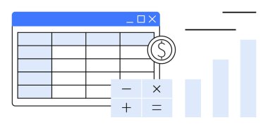 Finansal yönetim kavramı. İş analizi için hesap tablosu, hesap makinesi ve büyüme tablosu gibi finansal araçlar. Finansal ilerleme, iş verileri görselleştirme ve planlama. Mükemmel.