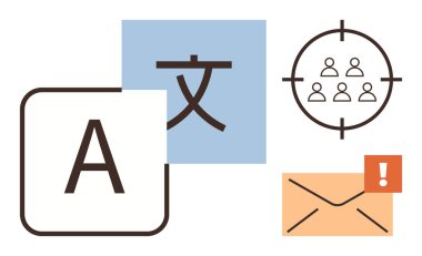 Harf simgeleri, hedef kitle grubu ve dil sembolleri. Çeviri, lokalizasyon, e-posta uyarıları, iletişim, iş stratejisi, küresel sosyal yardım basit düz metaforu için ideal