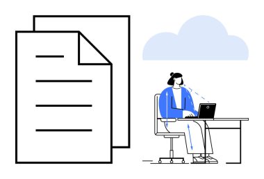 Bulut hesaplama konsepti. Bulut hesaplama, veri sembolleri, bulut depolama ve bağlantı ile birlikte dizüstü bilgisayarda çalışan bir kadın. Uzak çalışma, bilişim, bulut hizmetleri, teknoloji iletişimi, veri için kullan