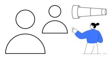 Liderlik, vizyon, hedef belirleme, strateji, takım çalışması, gelecek planlama. İnsan figürlerinin minimalist tasarımı ve işaret eden bir karaktere sahip bir teleskop. Liderlik ve vizyon kavramı