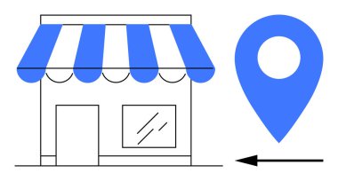 Yerel iş konsepti. Mavi yer belirleme iğnesi ve yön okuyla stilize edilmiş dükkan simgesi. Yerel iş seyrüsefer, haritalama hizmetleri ve küçük iş çözümleri için coğrafi konum. Perakende, konum