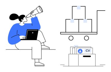 İş arama konsepti. Dizüstü bilgisayar kullanan, kutuları izleyen ve özgeçmişli bir dosya çekmecesinde çalışan bir kadın aracılığıyla. İstihdam, istihdam, iş arama, yetenek edinme, işyeri
