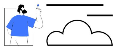 Bulut depolama, dijital bağlantı, veri işleme, yenilik, çevrimiçi bütünleşme, modern arayüz. Bir adam bir bulut simgesinin yakınındaki sanal bir elementi işaret ediyor. Bulut depolama ve dijital bağlantı kavramı