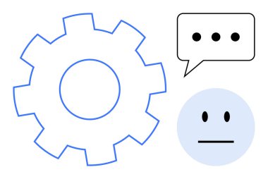 İş akışı otomasyonu, iletişim sistemleri, kullanıcı etkileşimi, işlem optimizasyonu, dijital teknoloji, kavramsal fikirler. Dişliler, konuşma balonu nötr yüz ikonu. Çalışma akışı otomasyonu ve iletişim