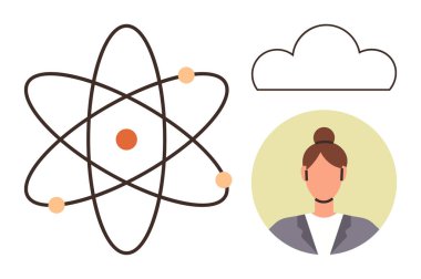 Atom model with orbiting electrons, cloud outline, woman in formal attire. Ideal for science, technology, education, innovation, communication AI data management. Simple flat metaphor