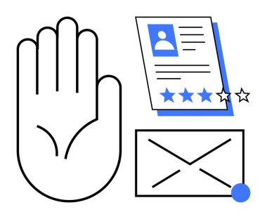 Yıldız dereceli bir özgeçmişin ve e-posta zarfının yanında uzanmış bir el. İş edinme, başvuru süreci, aday değerlendirmesi, iletişim, profesyonellik, kariyer büyümesi için ideal