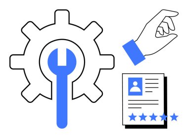 Onarımı veya bakımı simgeleyen bir ingiliz anahtarı, seçim ya da kürasyon öneren el hareketi ve yıldız dereceli bir profil belgesi. Kavramsal kavramlar için ideal kalite güvencesini parmakla