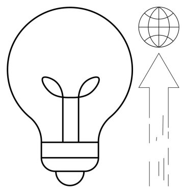 Yenilik, sürdürülebilirlik, küresel iş, temiz enerji, fikir üretimi, teknolojik ilerleme. Minimalist ampul ve oklu küre. Yenilik ve sürdürülebilirlik kavramları