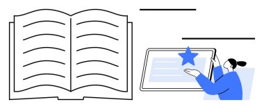 Eğitim, dijital medya, e-öğrenme, yayıncılık, teknoloji, çevrimiçi okuma. Dijital tabletin yanında insanlarla etkileşim halinde olan bir kitabı aç. Eğitim ve dijital medya kavramı