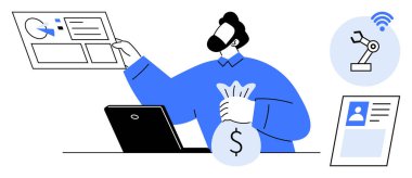 Finansal otomasyon kavramı. Finansal sistemler robotları, veri analizlerini ve verimli süreçler için teknolojiyi kullanıyor. Analiz, verimlilik ve yenilik için finansal araçlar. Mükemmel.