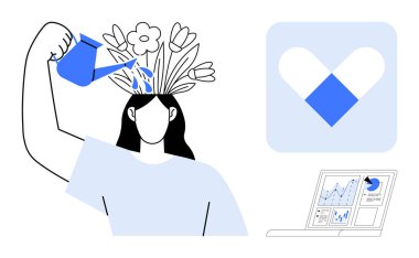 Kişisel bakım, zihinsel sağlık, yaratıcılık, kişisel büyüme, veri analizi, dijital sağlık. Kafasından çiçekleri sulayan kadın analitik ve kalp şeklindeki ikonun yanında büyüyor. Zihinsel sağlık