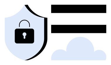 Kilitli kalkanlar, yatay veri hatları ve güvenli veri çözümlerini vurgulayan bulut simgesi. Siber güvenlik, veri koruması, çevrimiçi mahremiyet, bulut depolama, şifreleme, bilişim güvenliği için ideal