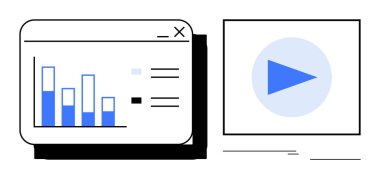Video içeriği için çalma düğmesi ile birlikte web arayüzü üzerindeki çubuk çizelgesi analizleri. Veri görselleştirme, video dersleri, iş raporları, çevrimiçi kurslar, pazarlama stratejileri, eğitim, UI