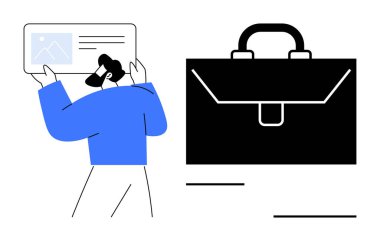 İş iletişimi, profesyonel organizasyon, kariyer geliştirme, takım çalışması, şirket planlaması, ofis kurma. Siyah bir evrak çantasının yanında büyük bir ekran tutan kişi. İş iletişimi