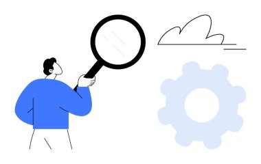 Veri analizi, teknoloji keşfi, problem çözme, yenilik, araştırma, karar verme. Bulut ve vites simgelerinin yanında büyüteç taşıyan biri. Veri analizi ve teknoloji araştırmaları