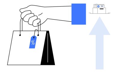 Ticaret konsepti. Yanında indirim etiketi ve özgeçmiş teslim ikonu olan bir alışveriş çantasıyla. Ticaret eğilimleri, dijital alışveriş, tanıtım pazarlaması, kariyer araması