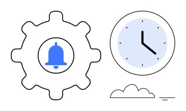 Zaman yönetimi konsepti. Zaman yönetimi çan, saat ve bulut elementleriyle. Üretkenlik, zamanlama, dijital araçlar, iş dünyası, kişisel planlama için zaman yönetimi