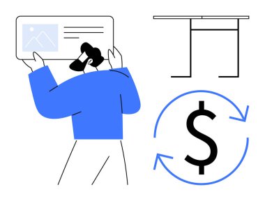 Bankacılık, finansal hizmetler, kimlik doğrulama, fintech, para değişimi, dijital işlemler. Elinde kimlik kartı olan, yuvarlak okları olan bir dolar sembolü olan minimalist bir masa. Finansal