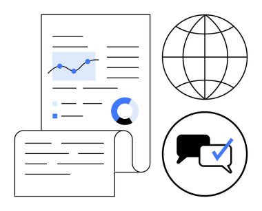 Çizelgeler ve grafiklerle analitik rapor, kontrol işaretli sohbet baloncukları ve bir dünya çizgisi. İş için ideal, analitik, iletişim, işbirliği, küreselleşme, araştırma