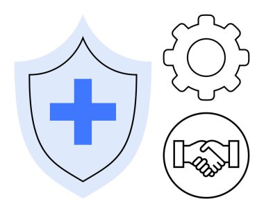 Protection concept. protection through a shield, teamwork with a gear, and collaboration with a handshake. Protection for security, collaboration, teamwork, partnerships, services