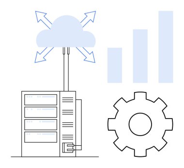 Bulut hesaplama konsepti. Bir bulut simgesine bağlı bir sunucu ile bulut hesaplama, veri işleme. Bulut hesaplaması, depolama, analitik ve modern teknolojilerin sembolü olarak gösterilir. veri işleme, IT