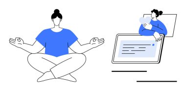 Meditasyon konsepti. Dijital bağlantı ekranlarının yanında meditasyon ve farkındalık. Meditasyon, refahı, dengeyi ve teknolojiyle bütünleşmeyi teşvik eder. Sağlık, teknoloji, uygulamalar, farkındalık için