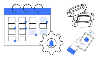 Ödeme tarihleri, finansal planlama, hatırlatıcılar, programlama, otomasyon, mobil tebligatlar. Bir takvim, bozuk paralar ve işaretli bir telefon. Ödeme hatırlatıcıları ve mali planlama kavramı