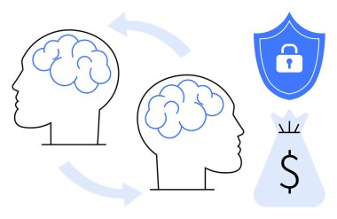 Güvenlik için kalkan amblemi ve finansal kavramlar için para çantası sembolü ile fikir alışverişini temsil eden oklarla birbirine bağlı iki beyin. Yenilik, güvenlik, iş, finans, teknoloji için ideal