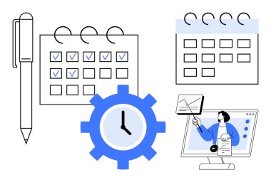 Task management. Task management illustrated through calendars, clock gear for efficiency, and online interaction. Essential for project planning, time tracking, remote work, scheduling, productivity