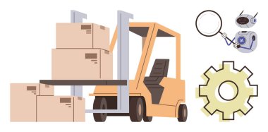 Forklift kutuları, büyüteç tutan yapay zeka robotları ve sarı dişliler. Arz zinciri, otomasyon, yapay zeka teknolojisi, lojistik, depo yönetimi, süreç optimizasyonu ve yenilik için ideal