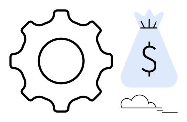 Bir dolar işareti ve dekoratif unsurlar içeren para çantasıyla bağlantılı bir vites sembolü. Kavramsal büyüme, takım çalışması, iş verimliliği, yatırımlar ve işlemler için ideal