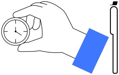 Time management, productivity, scheduling, efficiency, organization, focus. Hand holding a small clock next to a pen. Time management and productivity concepts visually