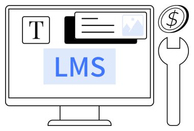 Eğitim teknolojisi, çevrimiçi kurslar, dijital araçlar, arayüz tasarımı, e-öğrenme yönetimi ve kişiselleştirme. Simgeli bir ekrandaki LMS metni araçları ve para birimi sembollerini parmakla gösterir. E-öğrenme